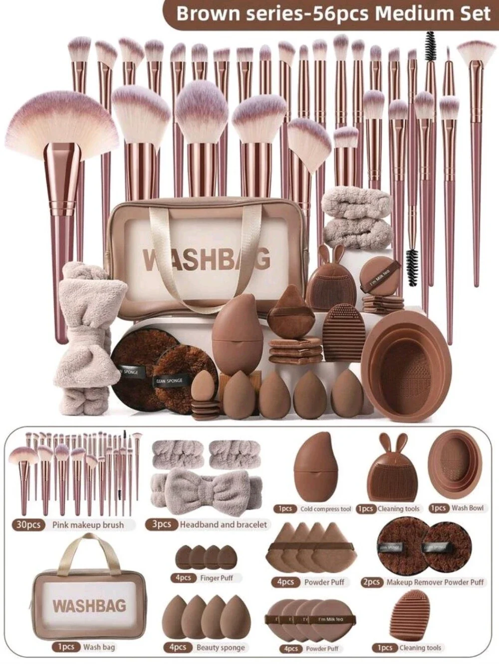 Rose Gold Makeup Brush and Sponge Set with Carrying Bag 56 Pcs